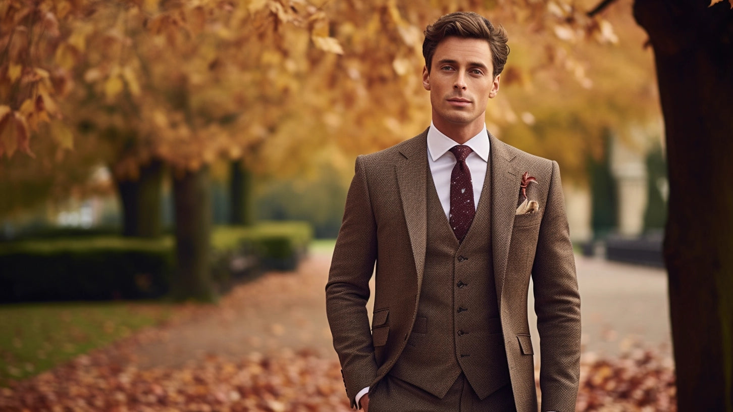 Man wearinig a Harris Tweed suit embodying autumn mens fashion.
