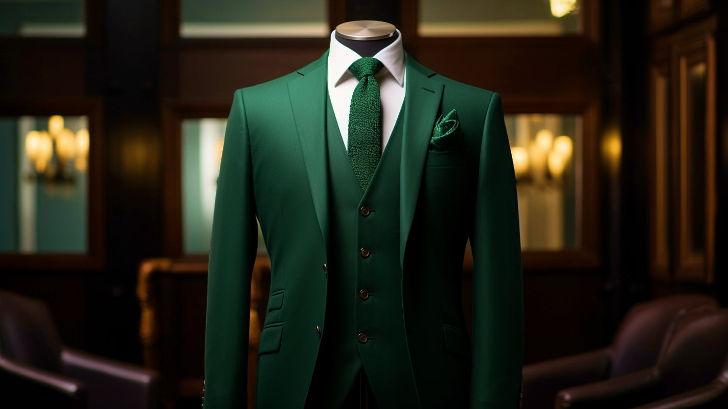 Man wearing an olive green custom suit, showcasing the versatility of green in men's fashion.