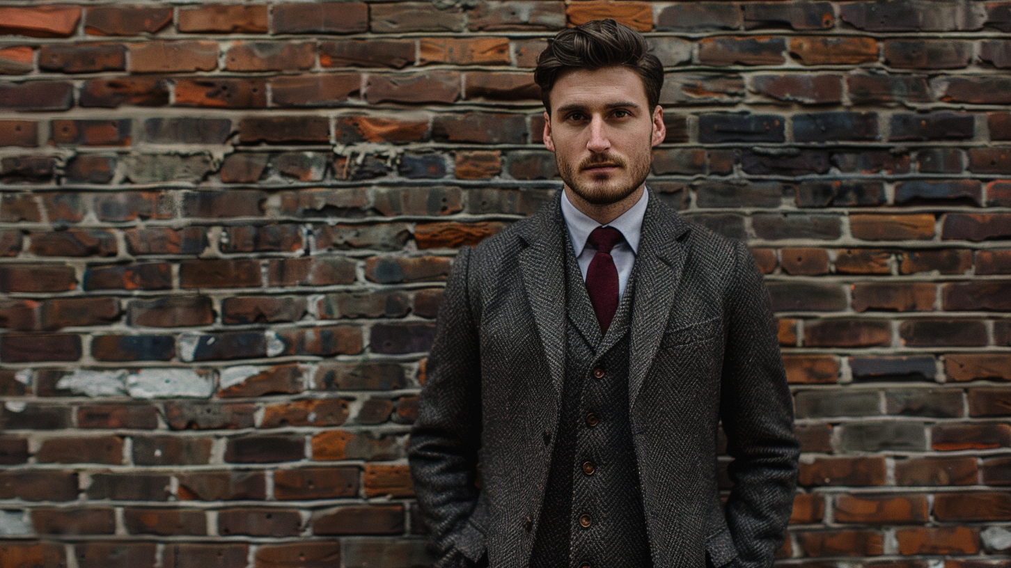 Man in wool herringbone blazer, silk tie, and white cotton shirt against a brick wall