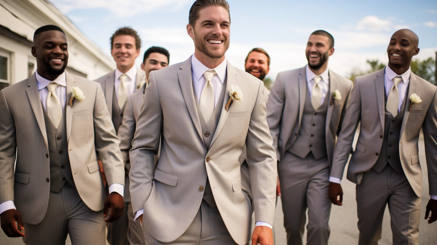 Group of well-dress groomsmen and groom showing the fine details of their suits and accessories.
