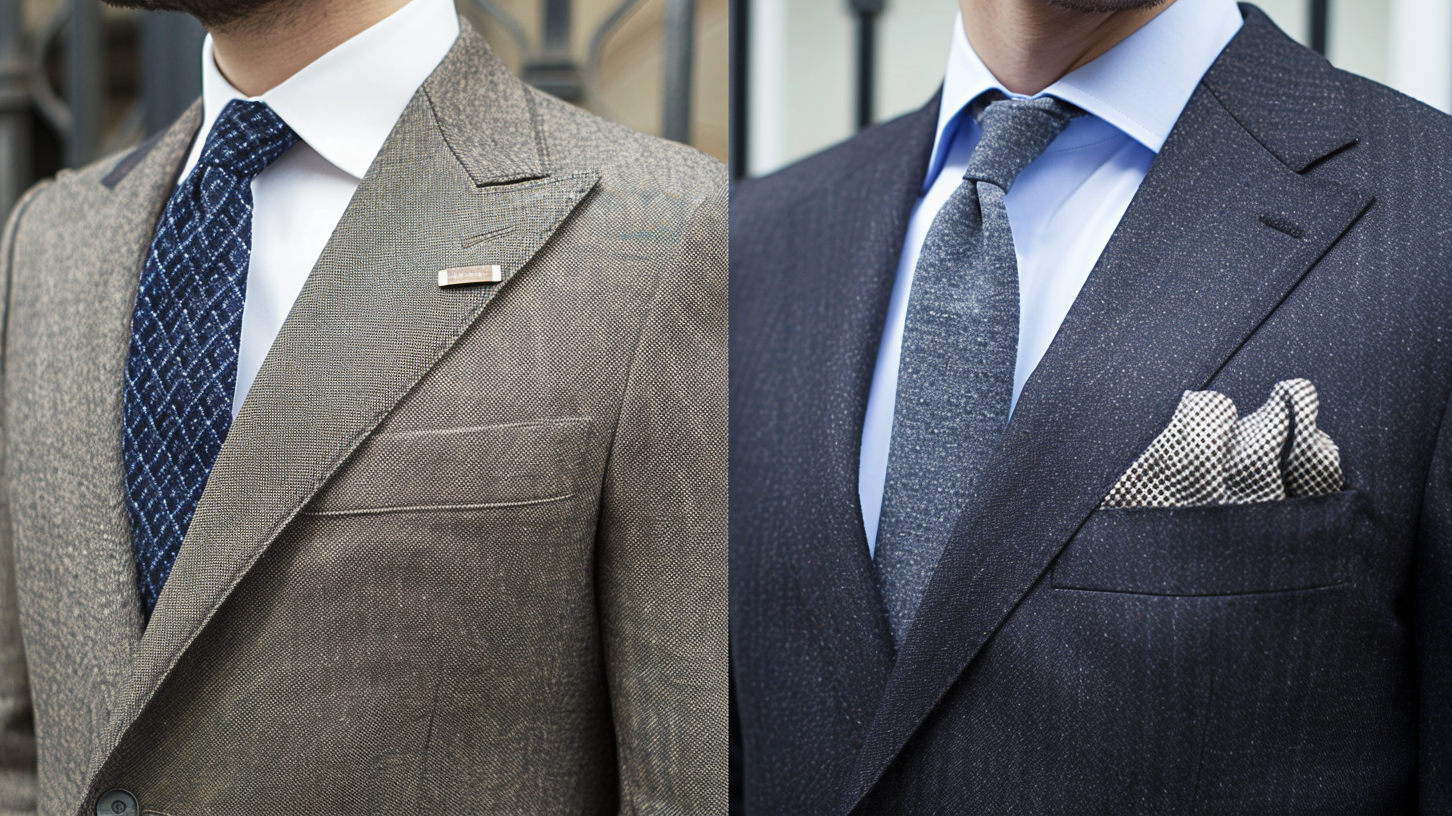 Side-by-side comparison of notch and peak lapels on navy and charcoal wool suit jackets showcasing distinct lapel styles in men's formal wear