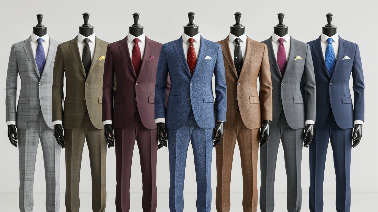 A custom-tailored suit displayed in a modern office setting.