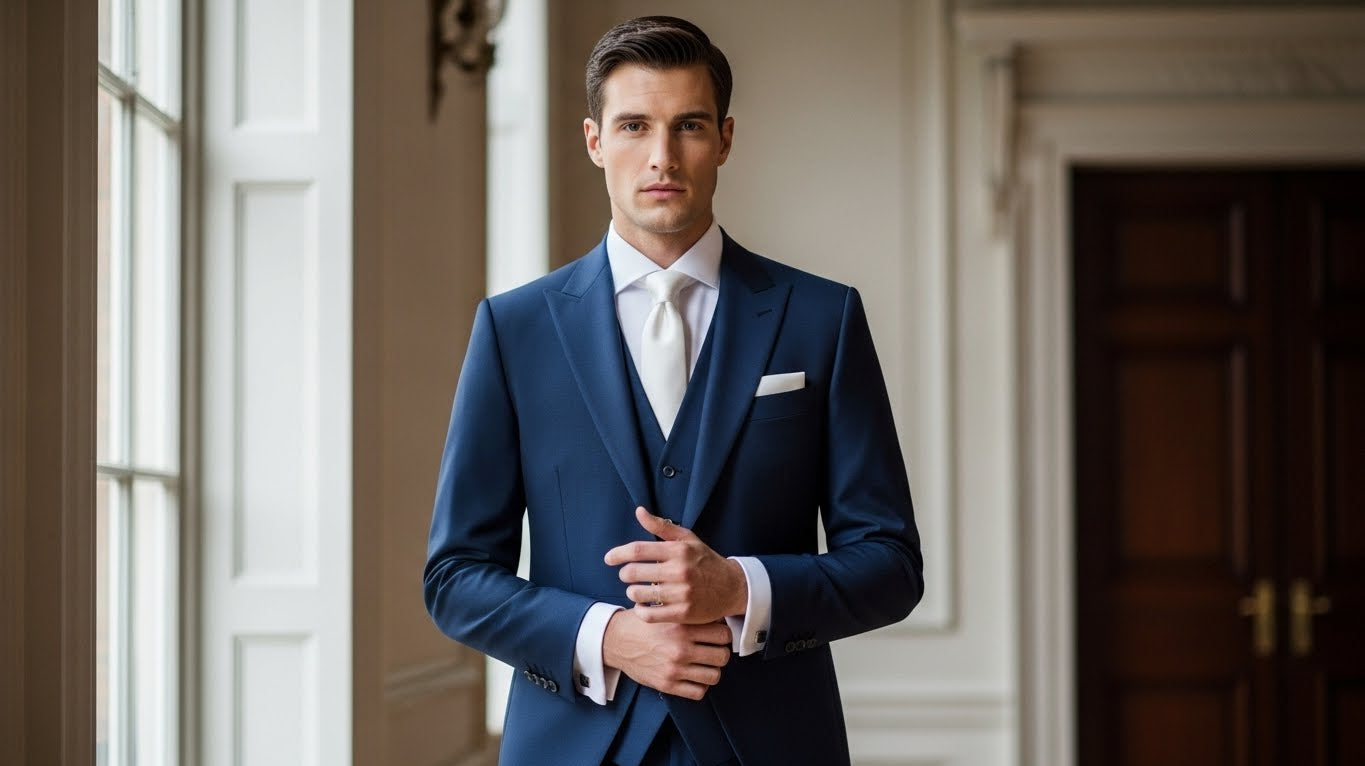Bespoke wedding suits London showcasing contemporary wedding suits with tailored fit and unique wedding suits for men featuring custom fabric selection and stylish groom attire for formal events and weddings