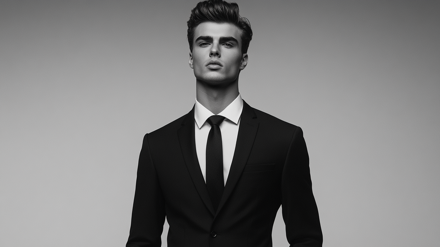 Professional man wearing a tailored black power suit with crisp white shirt demonstrating how black suits create an authoritative presence in men's formal fashion