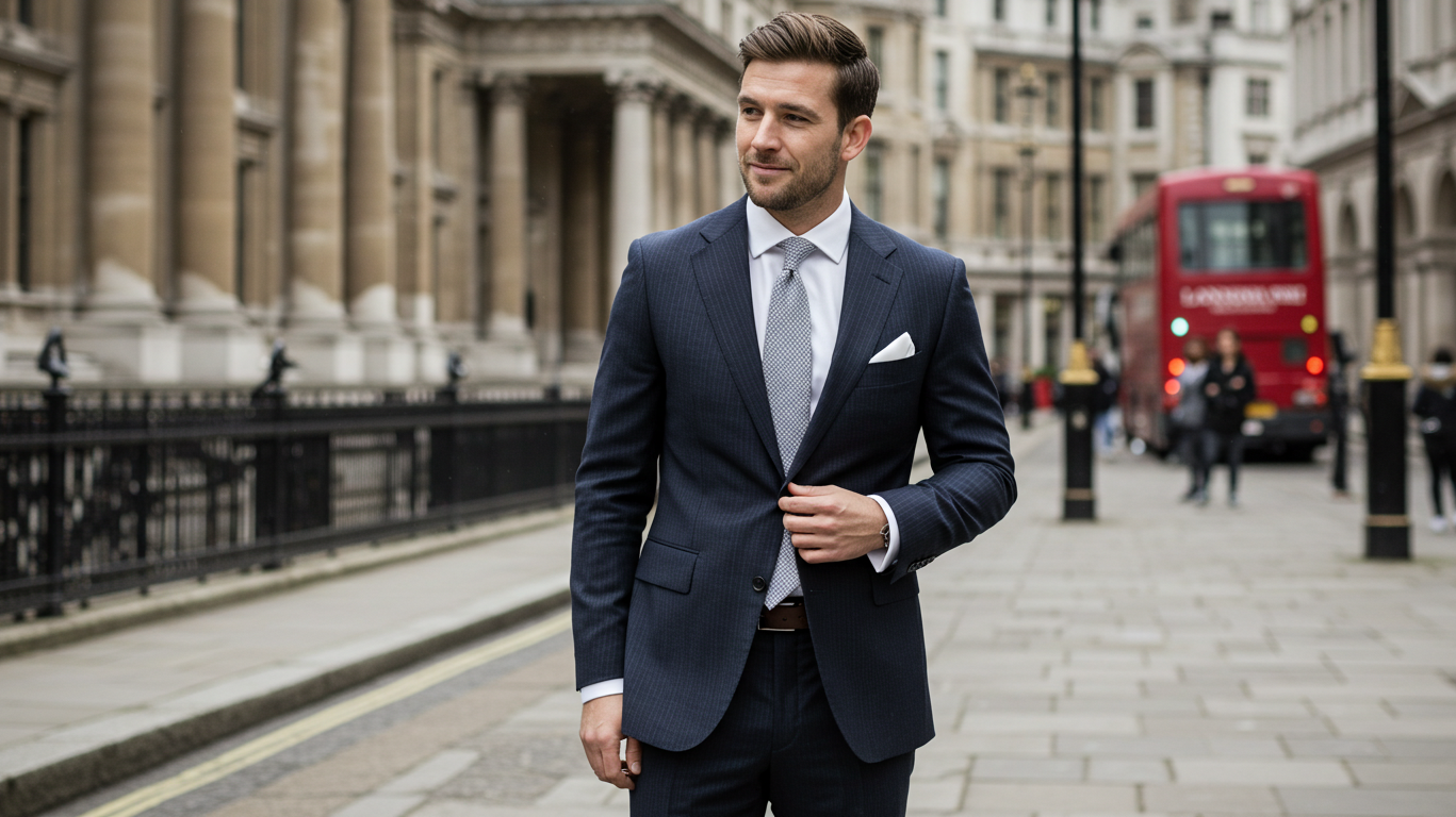 Man wearing classic British dapper style navy pinstripe suit with white pocket square and black Oxford shoes on London street demonstrating traditional men's fashion