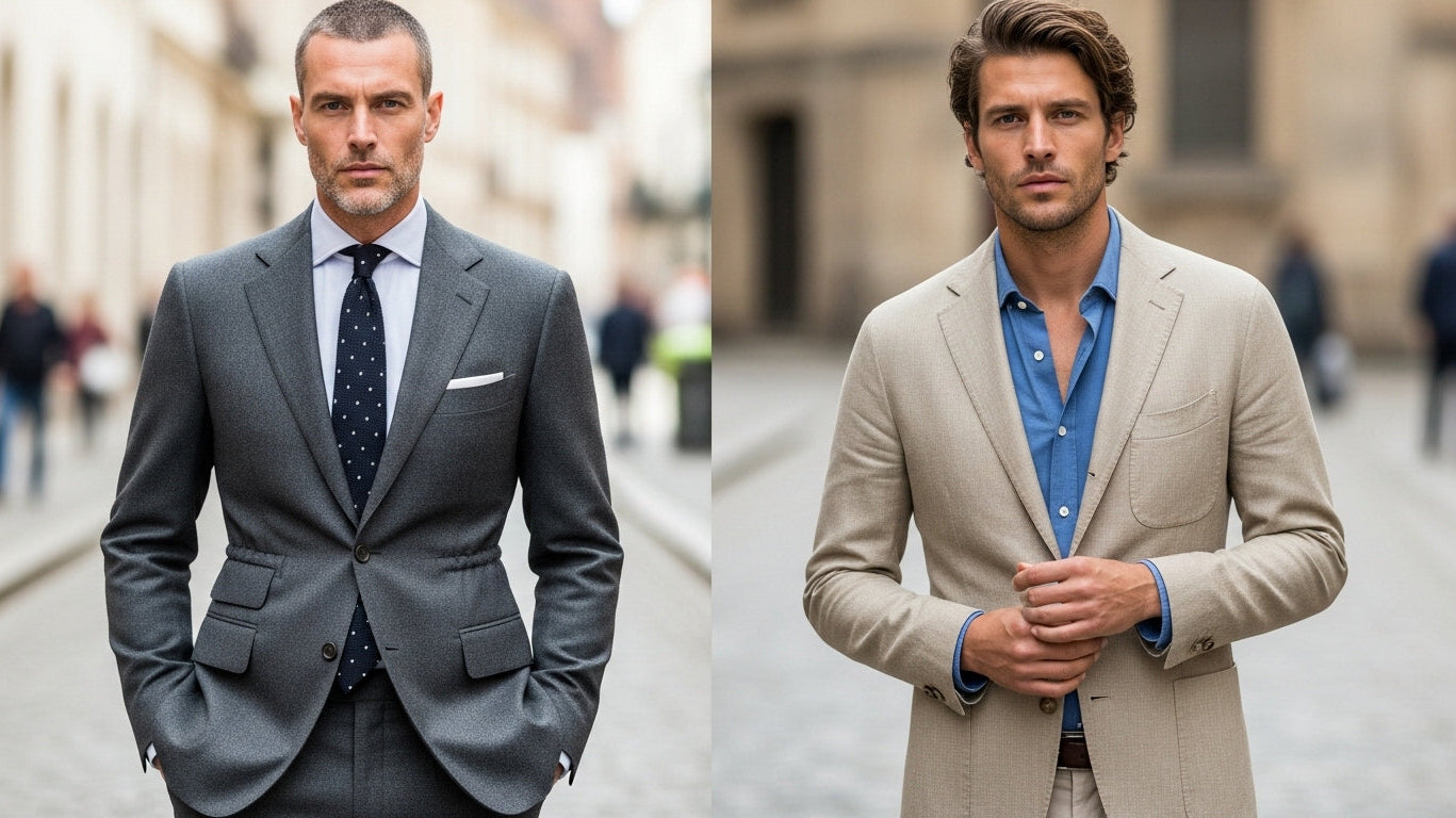 British vs Italian tailoring comparison showing structured suit jacket construction differences, bespoke suits craftsmanship details, menswear history traditions, sartorial style variations between Savile Row and Neapolitan tailoring methods