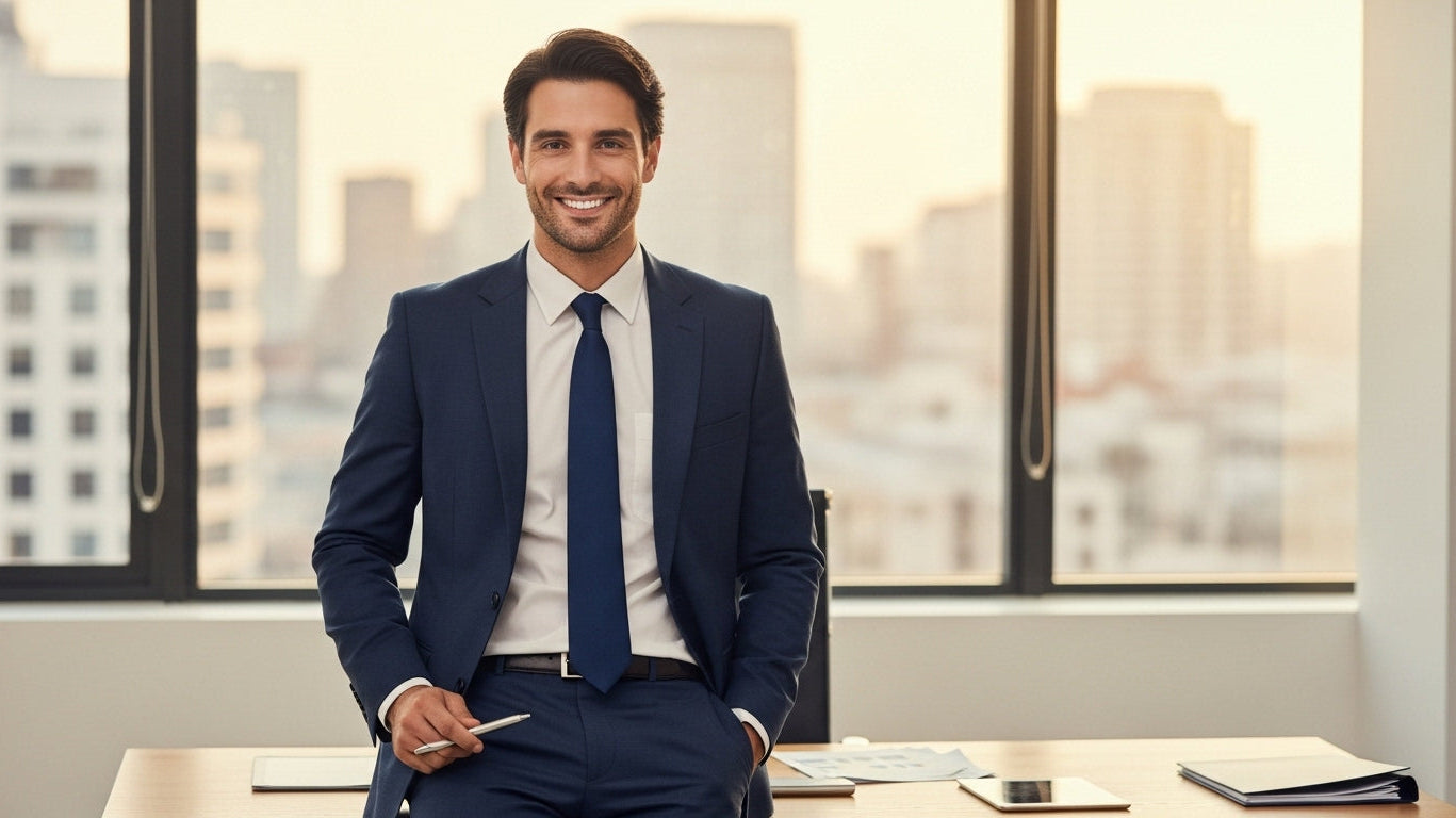 Business formal dress professional attire featuring conservative navy business suit with matching tie for modern workplace environments and men's business fashion requirements