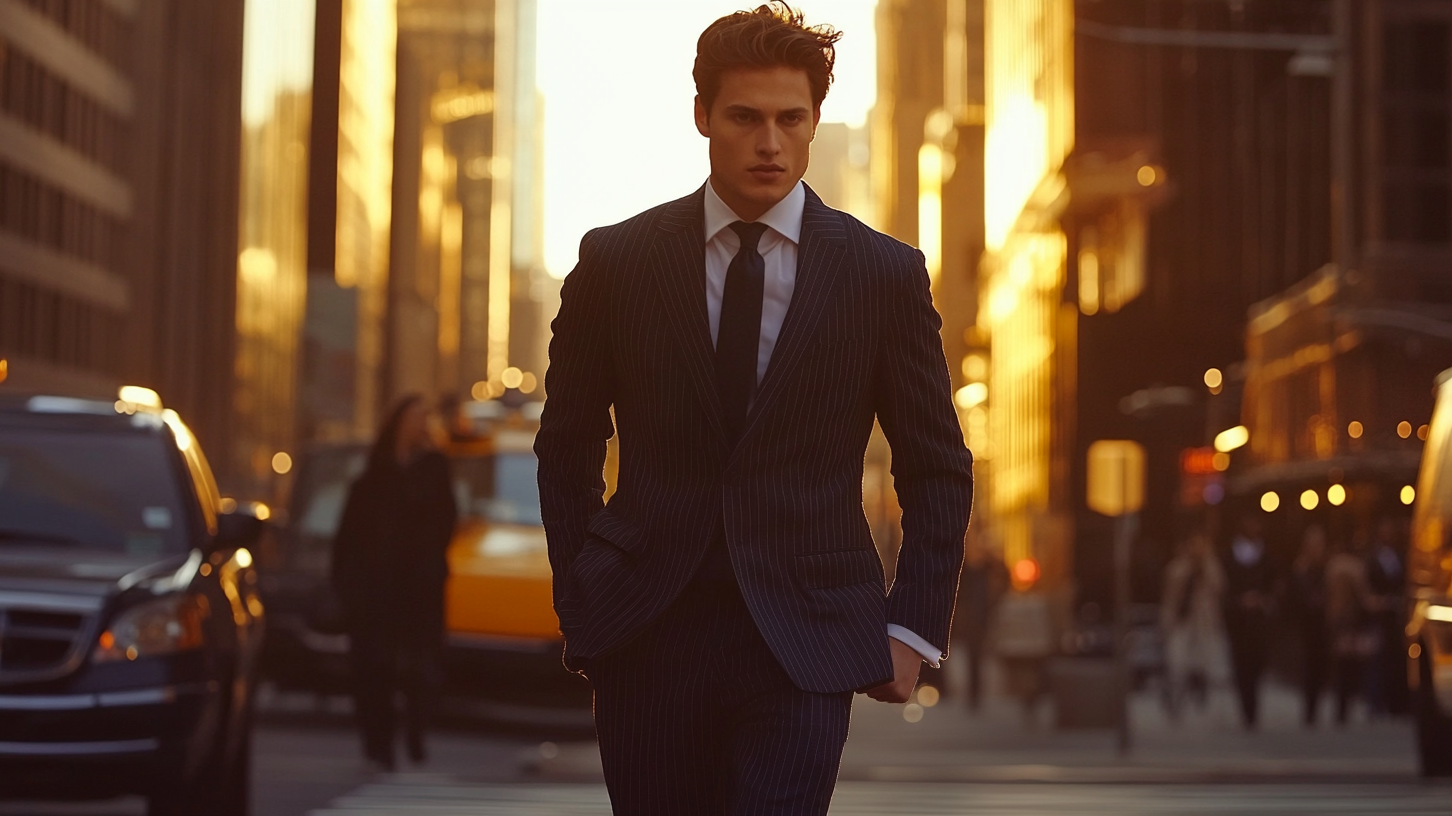 Professional man wearing tailored navy pinstripe suit walking confidently through urban business district demonstrating perfect suit fit and morning commute style