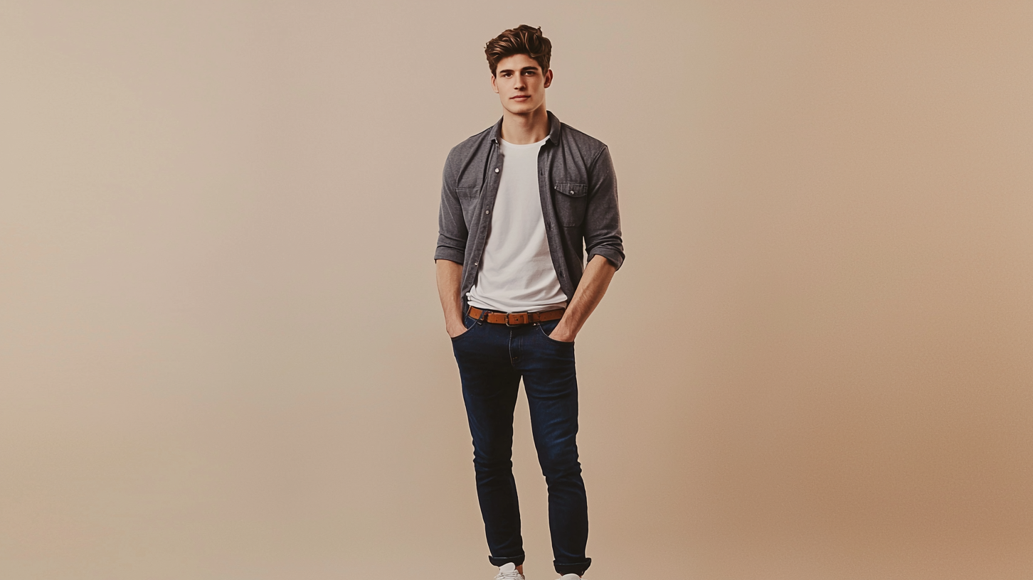 Man wearing jeans, white t-shirt, grey wool overshirt, and white trainers for a casual first date look, perfect for coffee or park outings