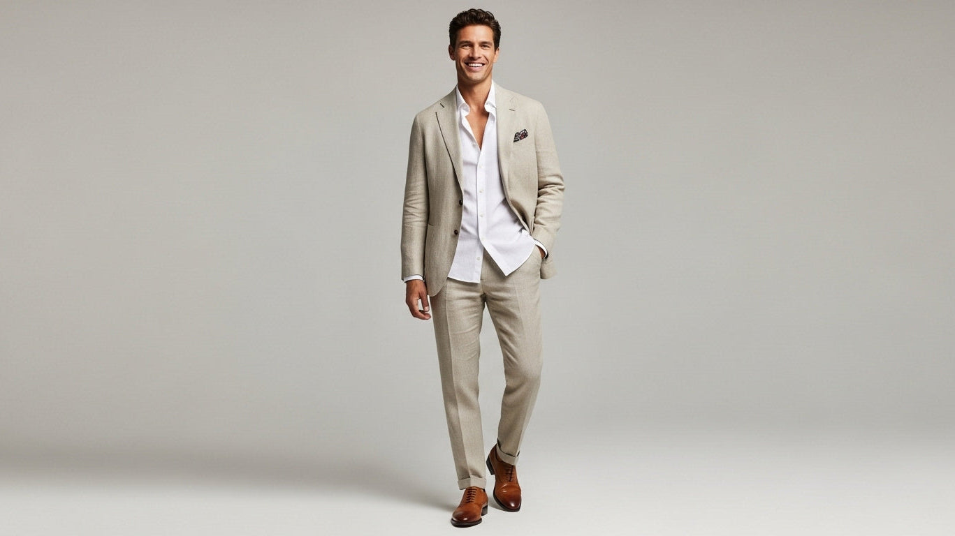 Male model wearing casual French linen suit with full cut trousers and unstructured jacket demonstrating summer menswear styling and breathable fabric drape for warm weather occasions