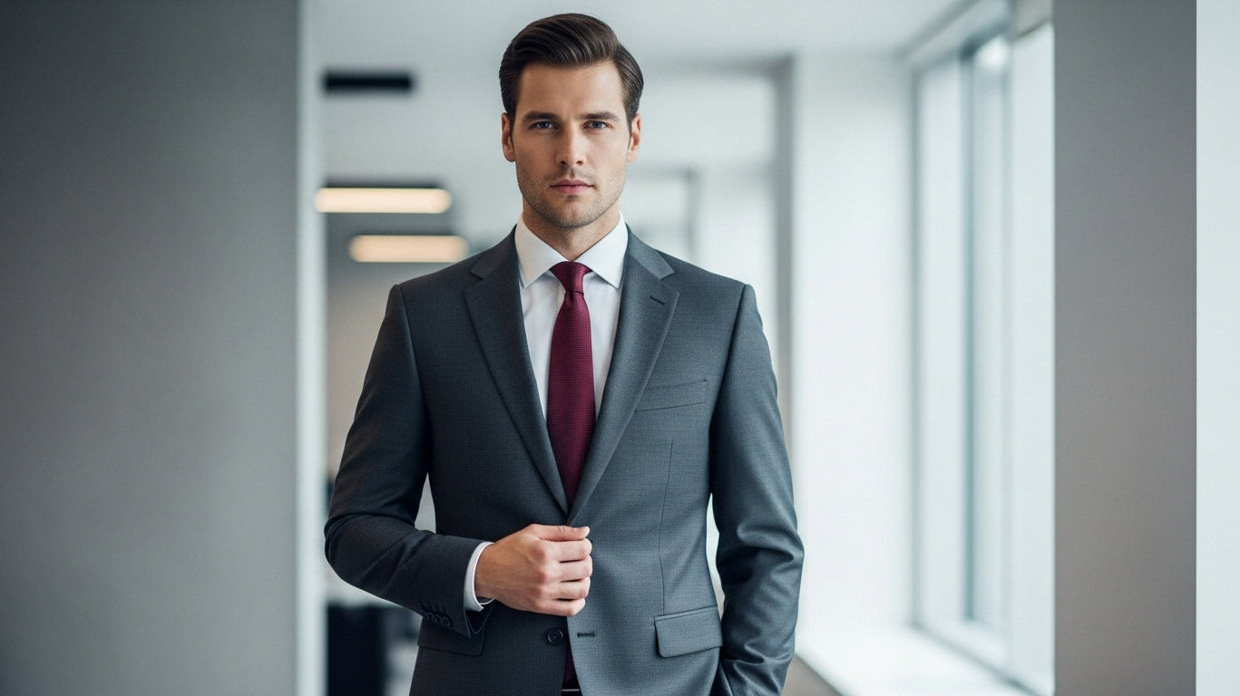 Male model wearing perfectly fitted charcoal gray suit with white dress shirt burgundy tie demonstrating affordable mens style transformation proper suit fit shoulder chest measurements