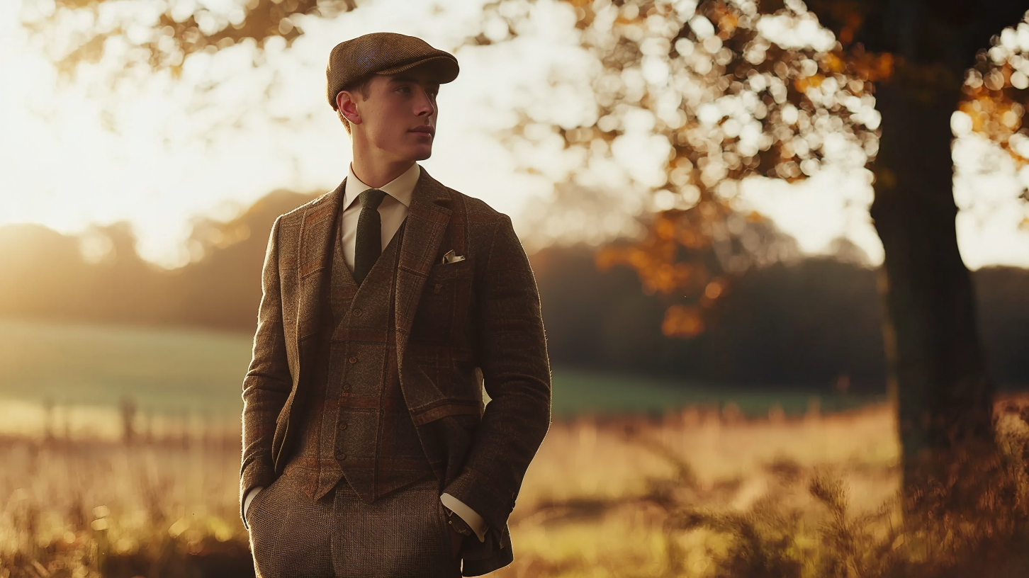 Distinguished man in tweed jacket and cap showcasing classic English country style against backdrop of rolling hills and oak trees at sunset