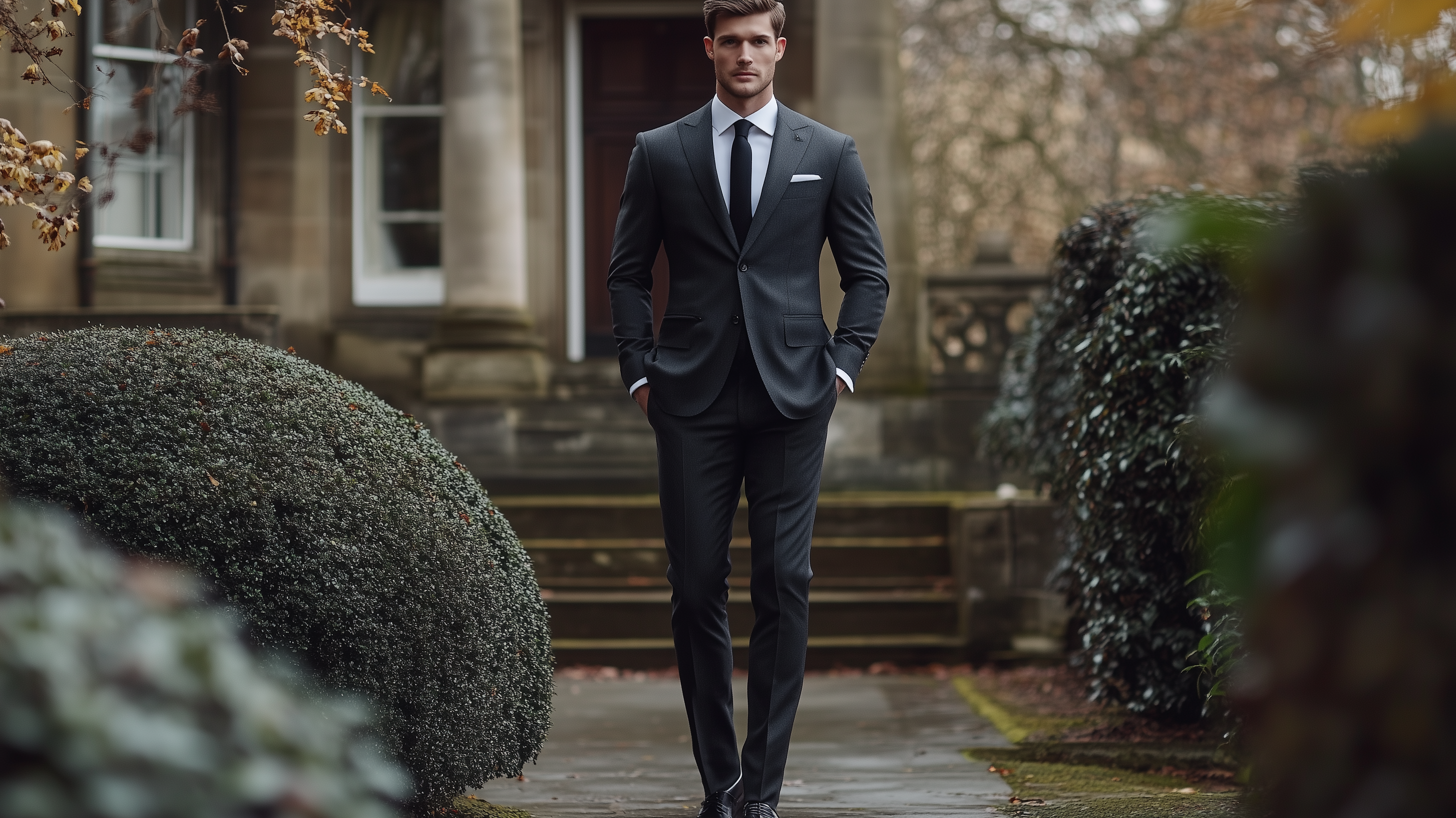 Classic fit charcoal grey wool suit demonstrating traditional tailoring proportions with proper shoulder fit and jacket drape on male model in natural stance