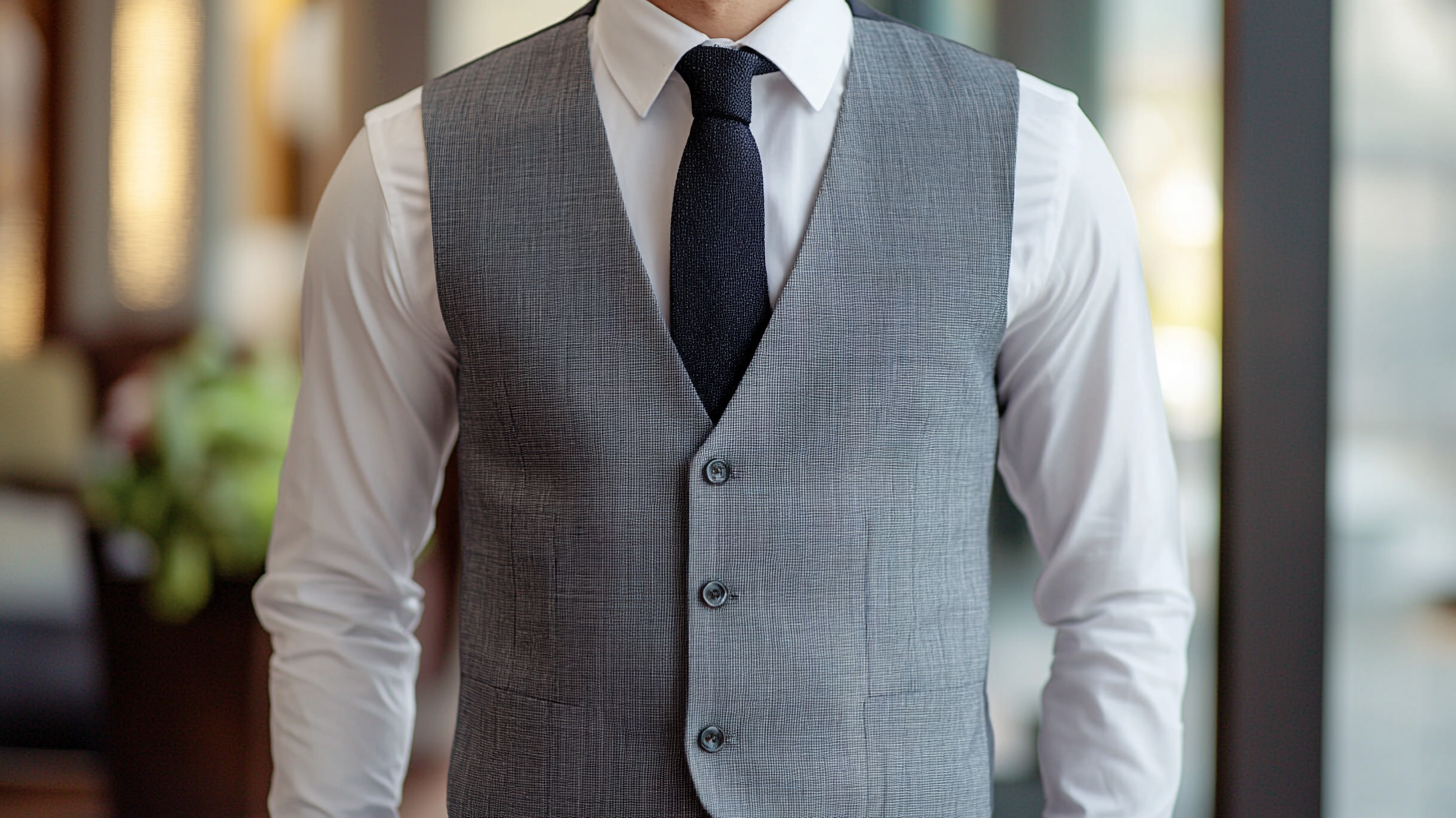 Custom tailored V-cut vest with gray suit