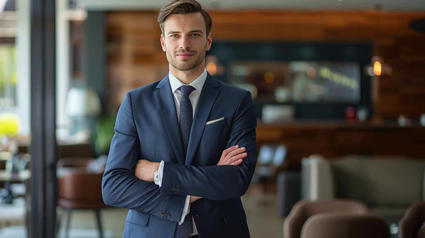 Confident professional wearing a well-fitted, slightly worn suit in a natural pose