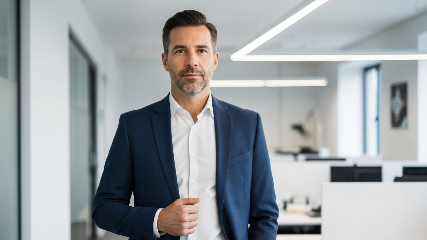 Confident businessman over 40 wearing navy suit white dress shirt modern office professional style men's fashion transformation