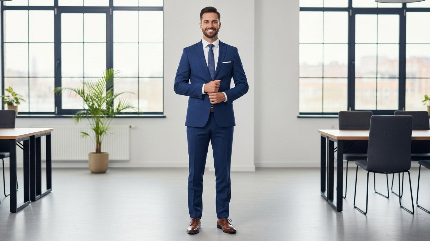 Confident businessman wearing well-fitted navy blue suit in modern office showing mental health benefits of dressing well for professional men