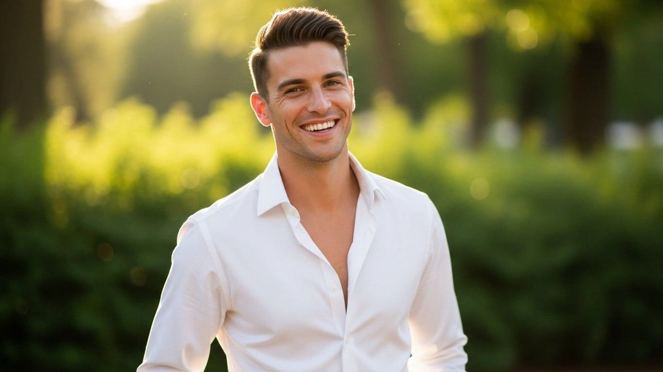 Custom fit white dress shirt showing perfect shoulder seam placement and proper torso fit for men with hard to fit body types seeking comfortable men's shirts with precise measurements