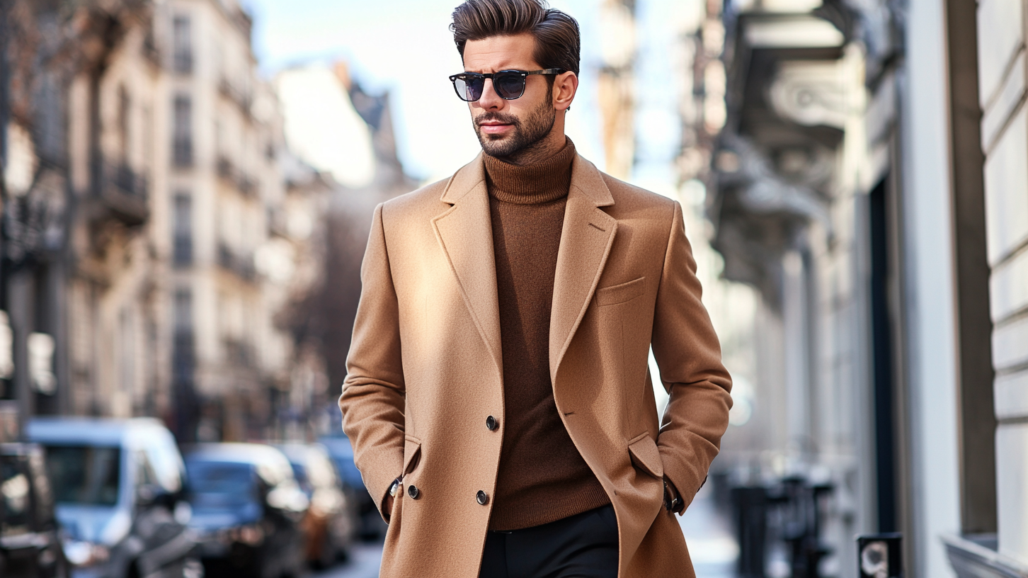 Gentleman wearing custom tailored camel overcoat on city street, demonstrating perfect fit and elegance