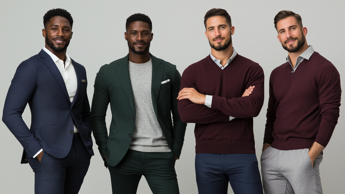 Group of diverse men wearing various stylish outfits showcasing different skin tones and clothing colors