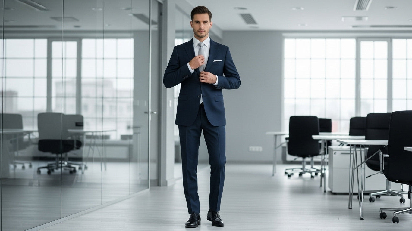 Dressing well professional success navy wool suit businessman office environment confidence building men's style first impressions sartorial excellence white dress shirt polished black oxford shoes