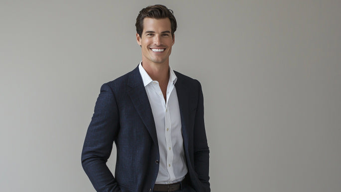Professional male model wearing perfectly fitted navy sport coat demonstrating ideal jacket construction and proper shoulder fit for modern menswear guide