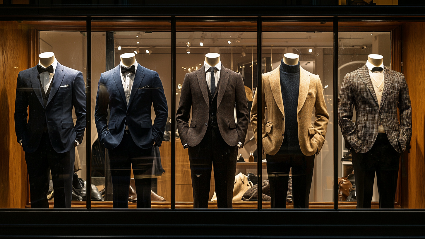 Five mannequins displaying essential men's wardrobe pieces in a store window