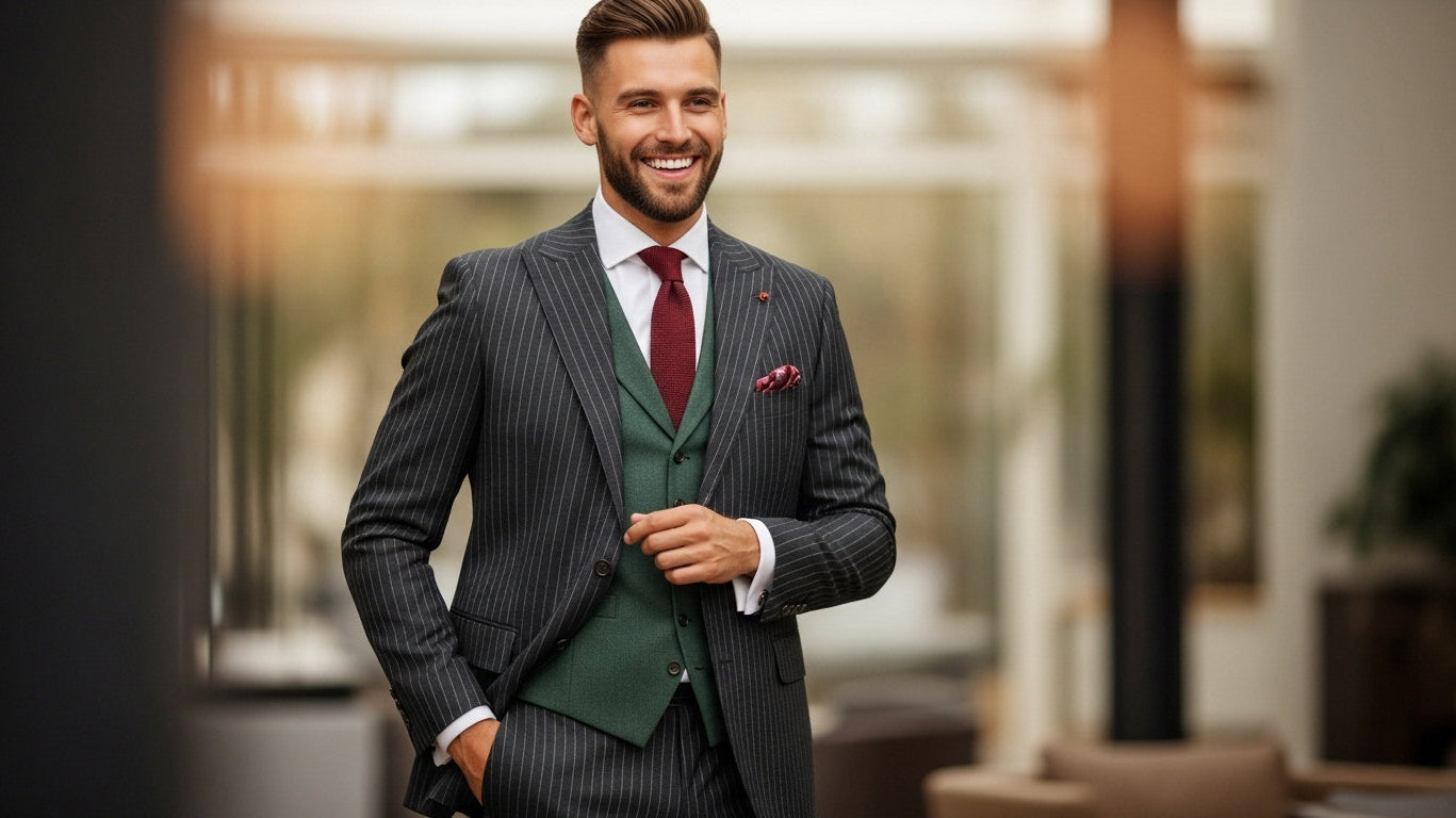 Fall autumn 2025 mens suit trends charcoal grey three piece suit burgundy tie pocket square timeless fabrics warm tones menswear classic attire seasonal suiting guide