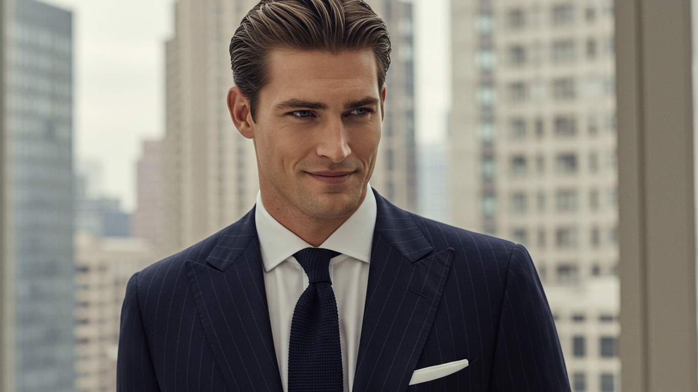 Male model wearing Gordon Gekko inspired navy pinstriped suit with peak lapels and contrast collar shirt demonstrating classic Wall Street power dressing style from the 1987 film