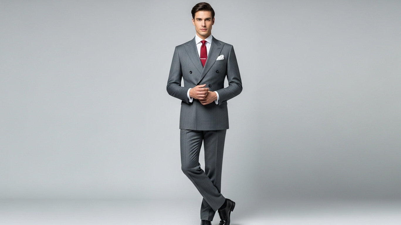 Gray double-breasted suit styling for men showcasing classic menswear wardrobe staple with formal and casual outfit combinations for business and modern dress codes featuring tailored fit peaked lapels structured shoulders