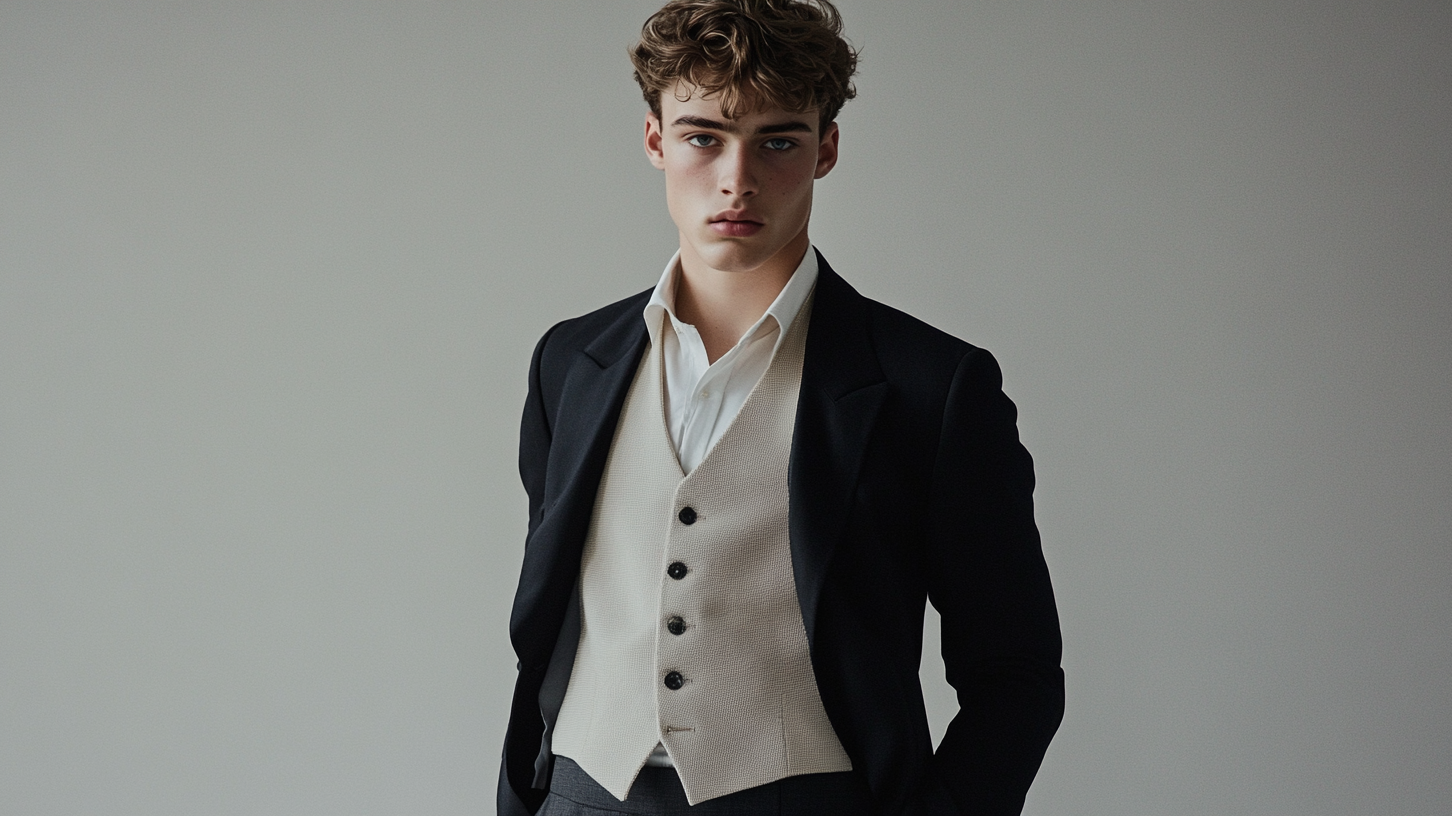 Light beige textured waistcoat paired with black morning coat and tailored trousers for formal occasions menswear style