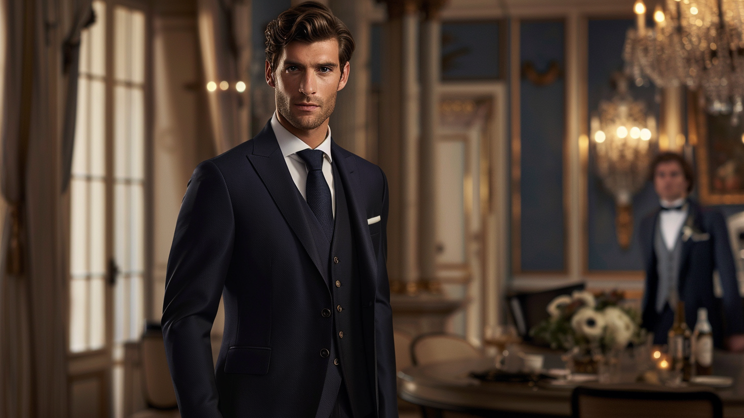 A man wearing a dark navy blue suit at a formal wedding event with elegant decorations and soft lighting in the background.