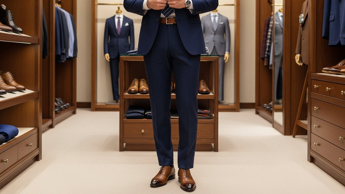 How to style shoes to your outfit demonstration with male model in navy business suit wearing brown oxford shoes showing proper footwear coordination for sophisticated menswear styling