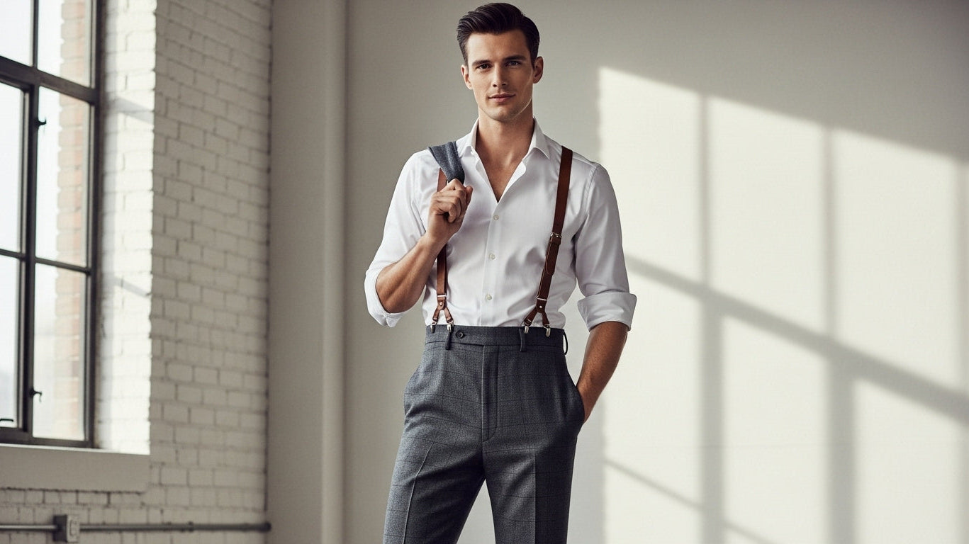 High waisted trousers for men with braces showing proper fit and slimming techniques for dressing men with a belly and creating flattering silhouettes for bigger builds