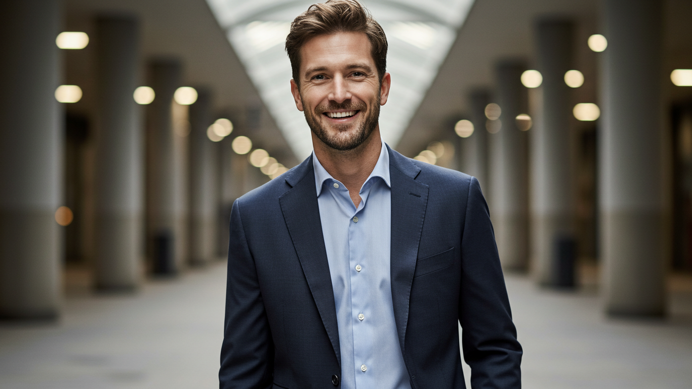 Well-dressed man in perfectly fitted navy suit demonstrating how to dress well for men without appearing overdressed, showing appropriate men's attire for various settings