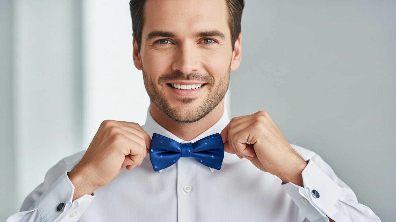 How to wear a bow tie guide showing men's formal wear neckwear styles including polka dot and patterned bow ties for smart casual outfits and black tie events