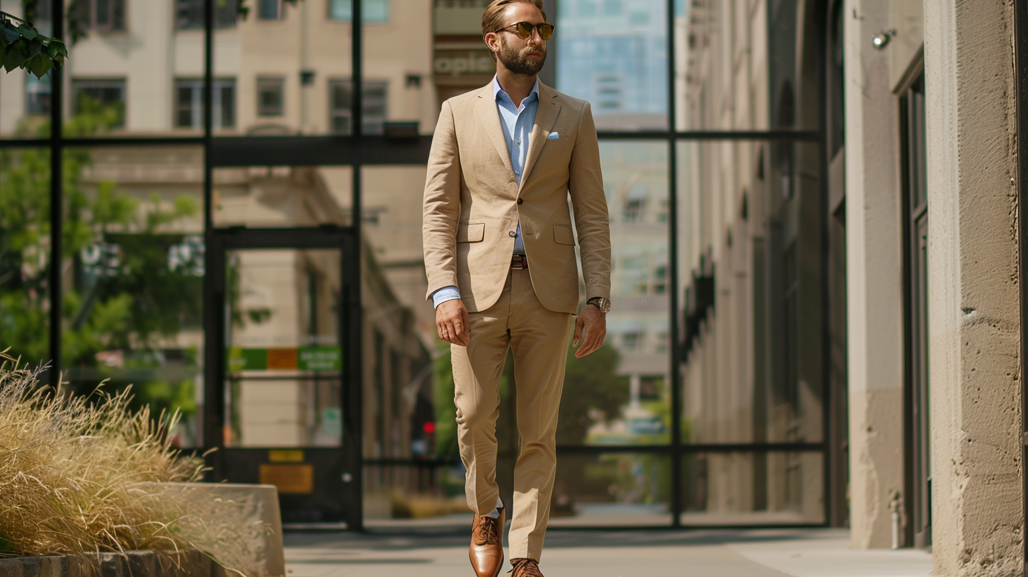 Man in full khaki suit with matching blazer and trousers, paired with a light blue dress shirt and brown leather oxfords for a refined spring look