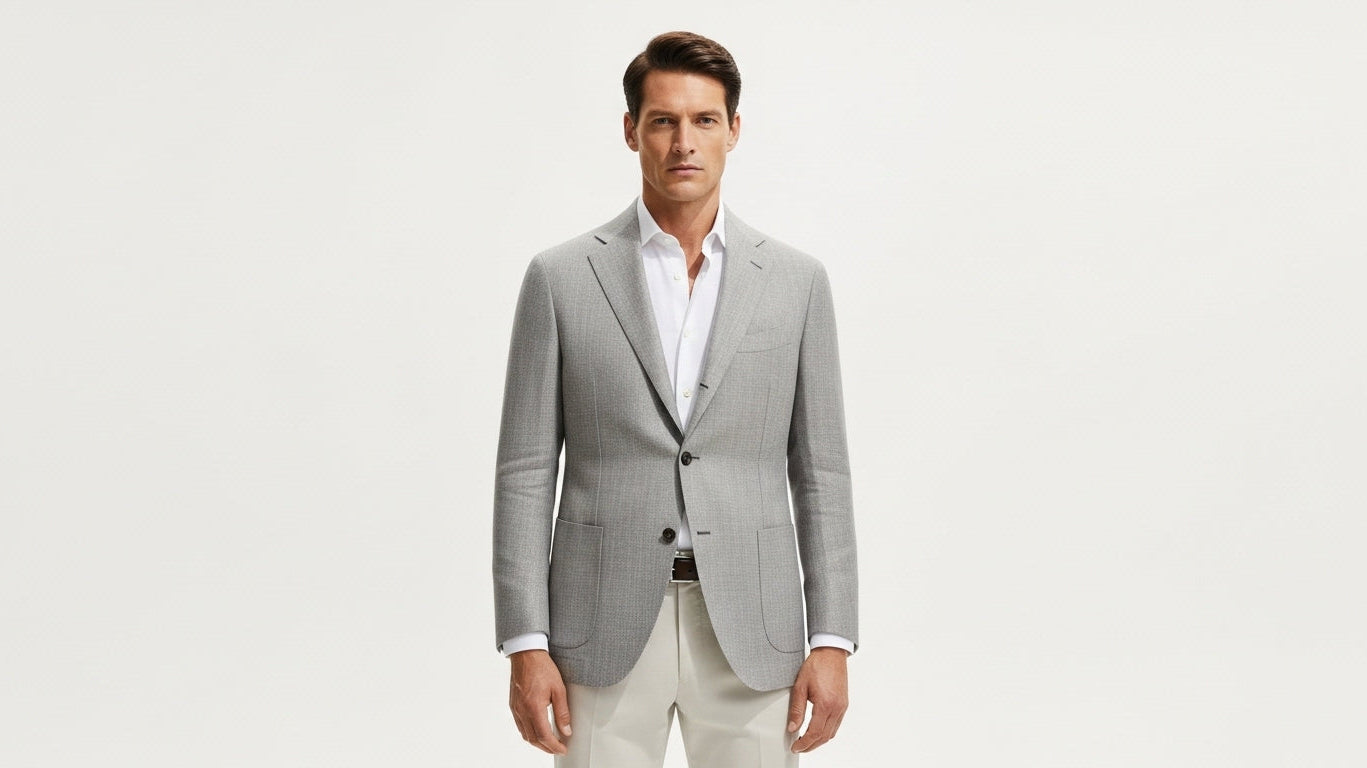 Light gray jacket summer style guide for men showing wool silk linen blend blazer with sophisticated tailoring and versatile styling options for warm weather occasions