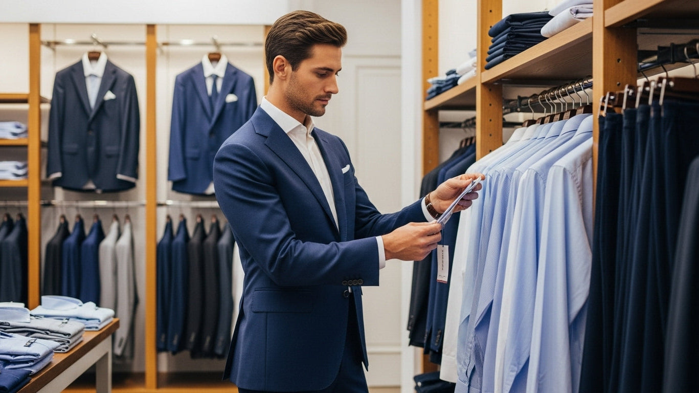 Professional man in navy blue suit examining clothing labels and fabric quality in retail store for spotting low quality clothes and bad quality garments