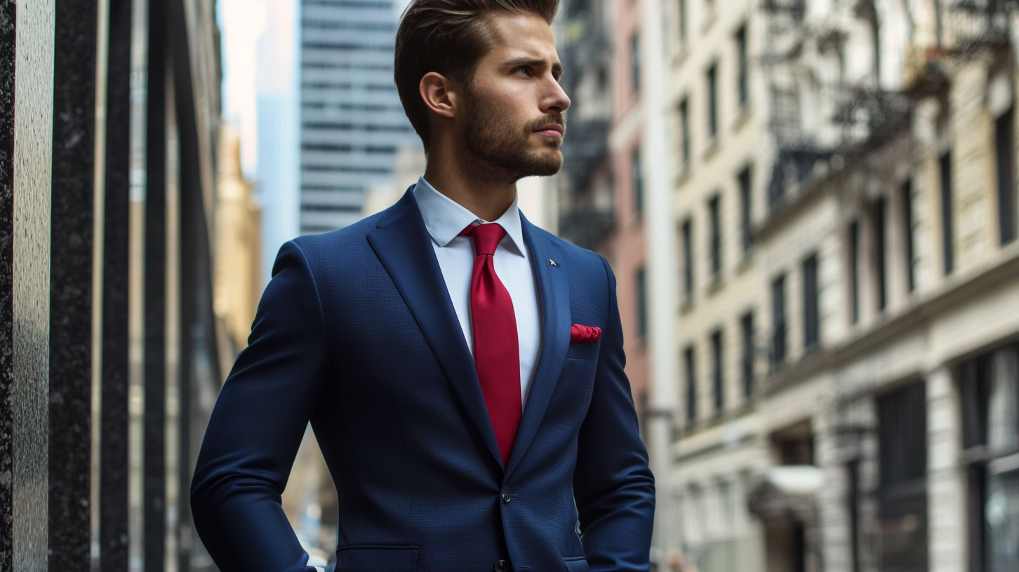 Confident businessman wearing perfectly tailored navy suit with white shirt and red tie, showcasing mature professional style