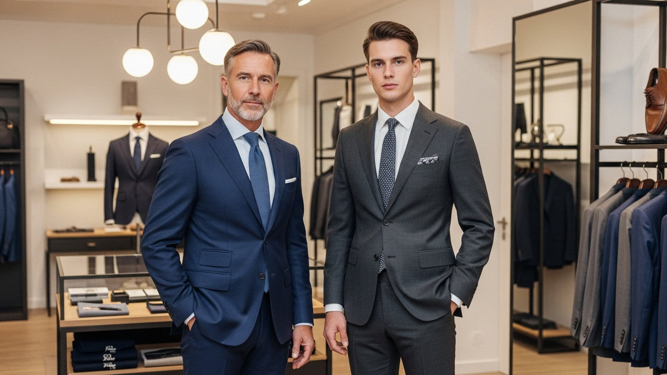 Men of different ages wearing age appropriate fashion business suits demonstrating timeless style and personal style development in professional menswear setting