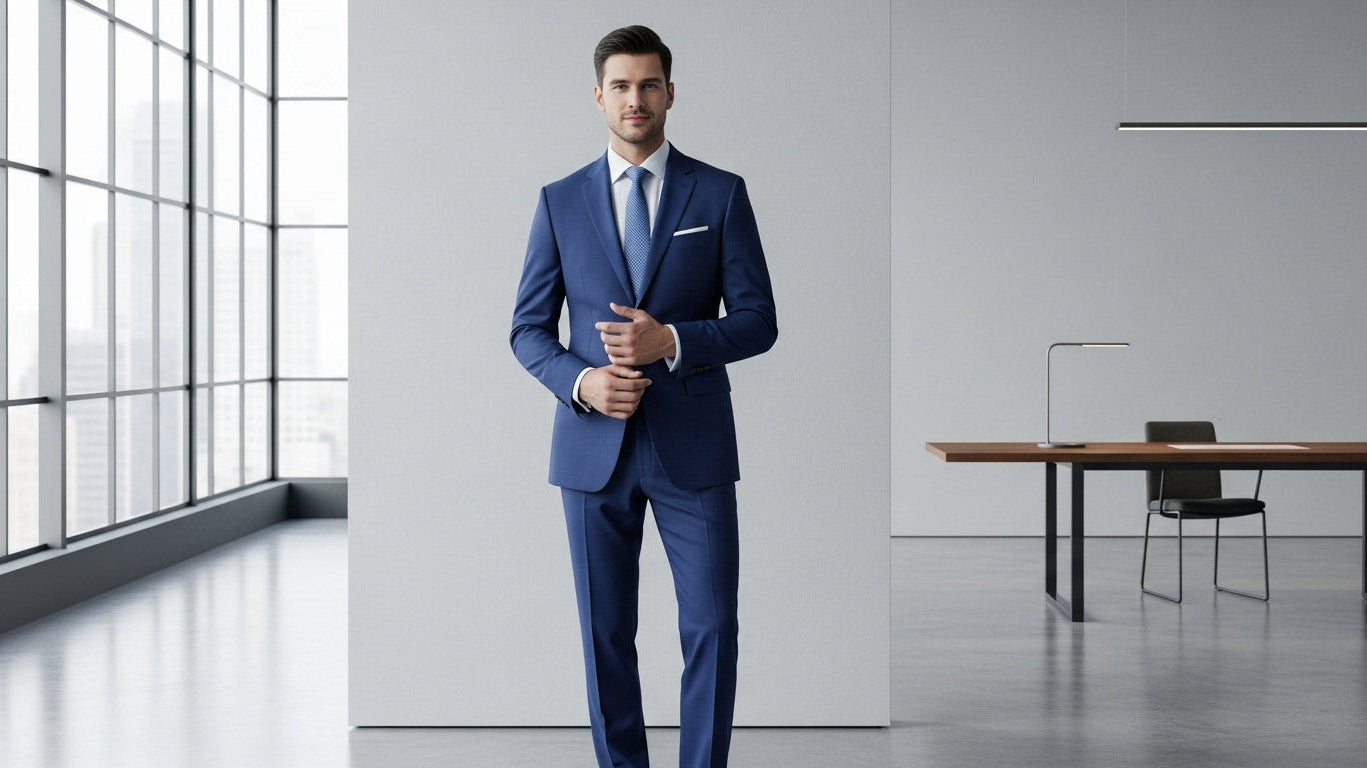 Men's proportions in fashion demonstrated by male model wearing perfectly fitted navy business suit showing ideal body type proportions and professional tailoring in modern office setting