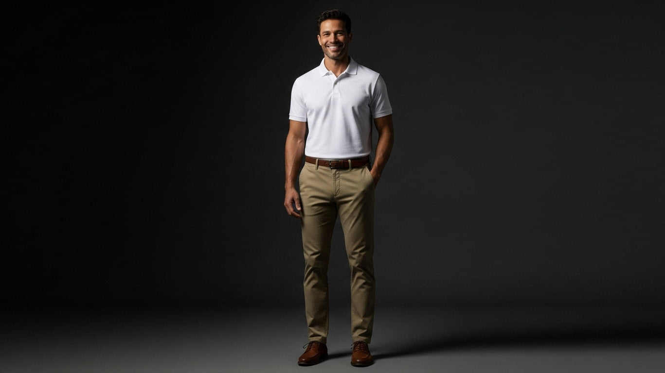 Men's summer pants lightweight chinos khaki color breathable fabric comfortable fit stylish summer wardrobe essentials polo shirt white background
