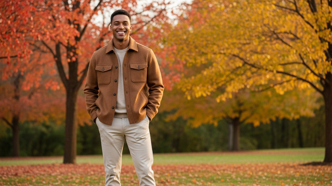 Men's autumn fashion transitional weather style featuring cream trousers caramel wool jacket layering techniques for fall menswear wardrobe essentials