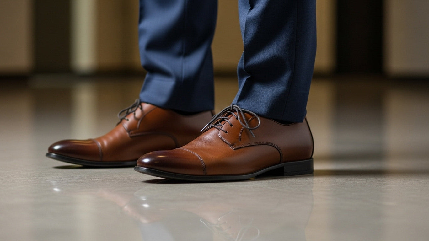 Men's dress shoe styles and colors including oxford and derby shoes in English tan chestnut brown and dark oak leather for formal business suits and casual wear
