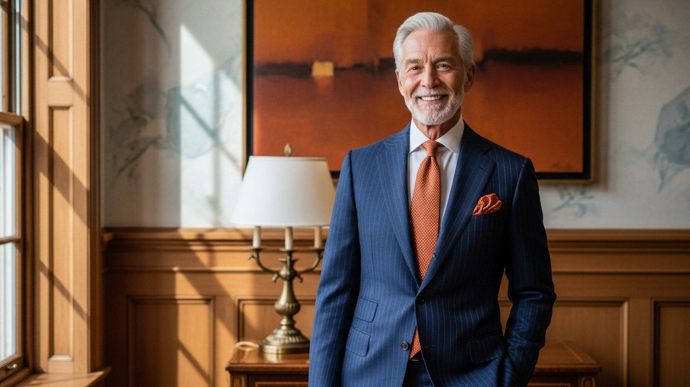 Mens fashion over 50 featuring navy pinstripe suit with autumn accessories perfect for mature men's fashion and stylish looks for older men seeking sophisticated menswear wardrobe essentials