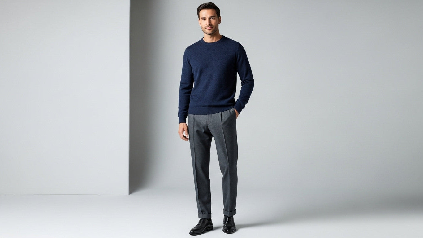 Men's knitwear style options with dress trousers and tailored clothing