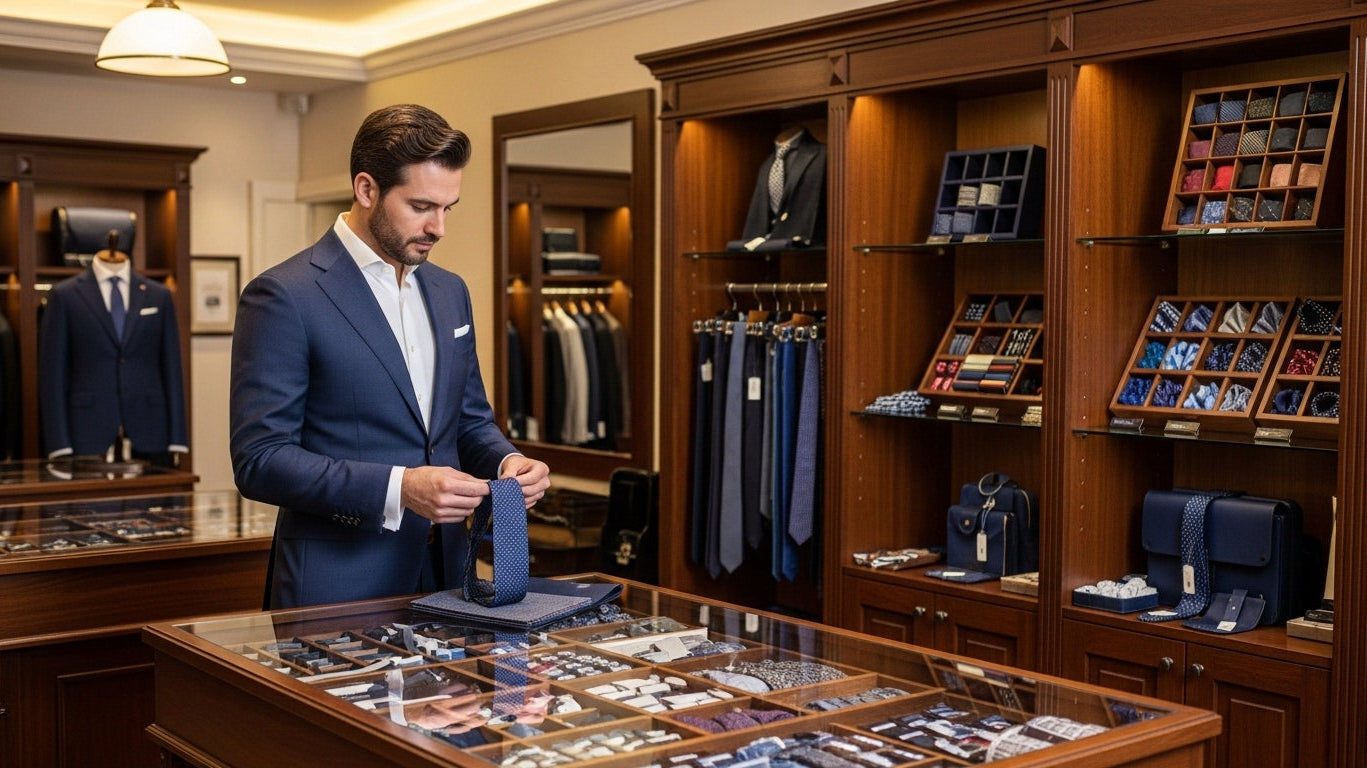 Well-dressed man in navy business suit examining menswear accessories and tie selections in upscale boutique showcasing classic men's fashion choices and styling decisions