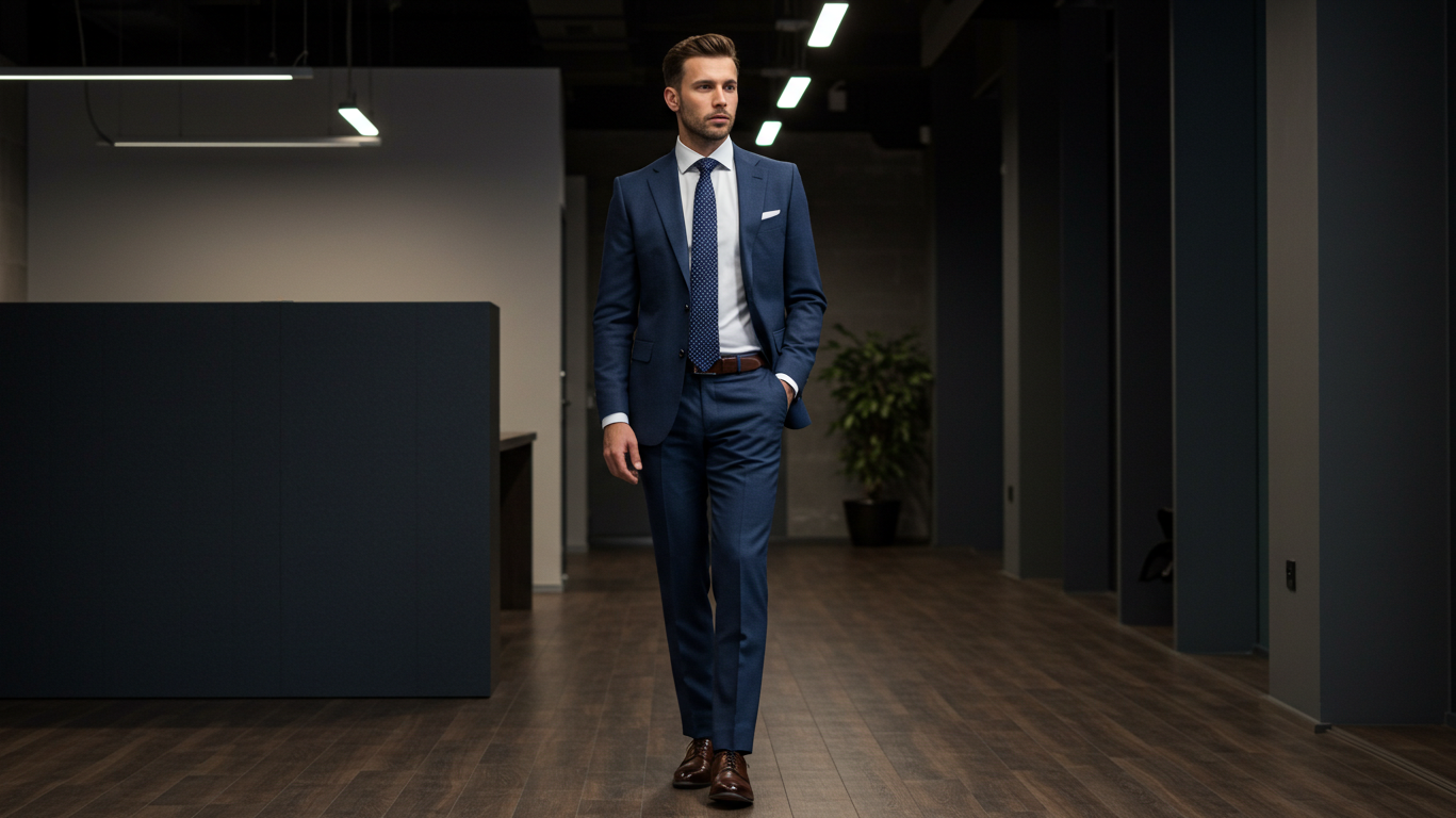 Men's style journey professional businessman navy suit tailored menswear office confident posture leather dress shoes sophisticated styling quality clothing modern workplace