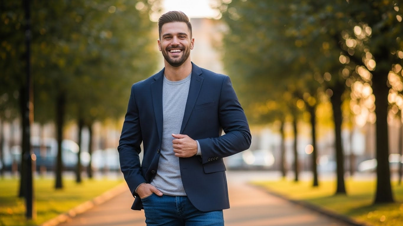 Men's style upgrade demonstrating proper clothing fit guide